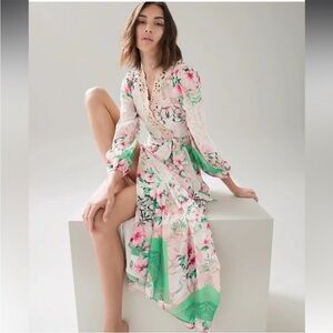 White House Black Market Drama Sleeve Floral Maxi Dress Hibiscus Scroll Sz 8 NEW